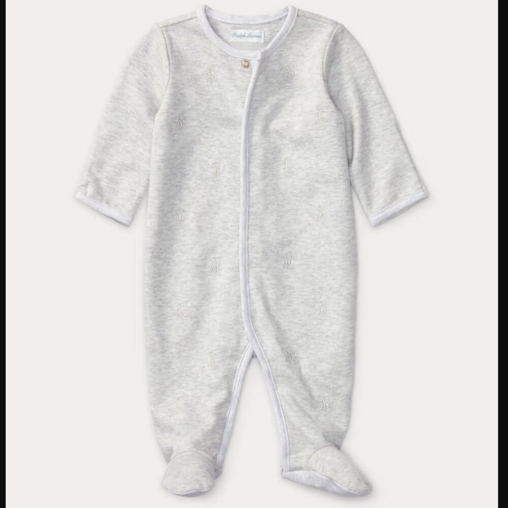 Ralph Lauren Tonal Polo Pony Cotton Footed Coverall Pjs - Grey, 9mths